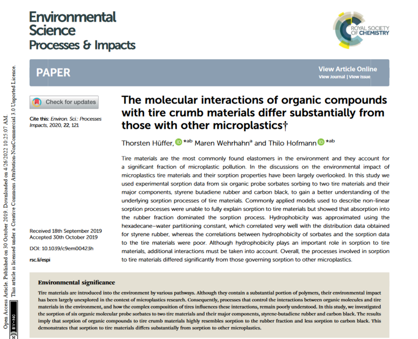The molecular interactions of organic compounds with tire crumb materials differ substantially from those with other microplastics